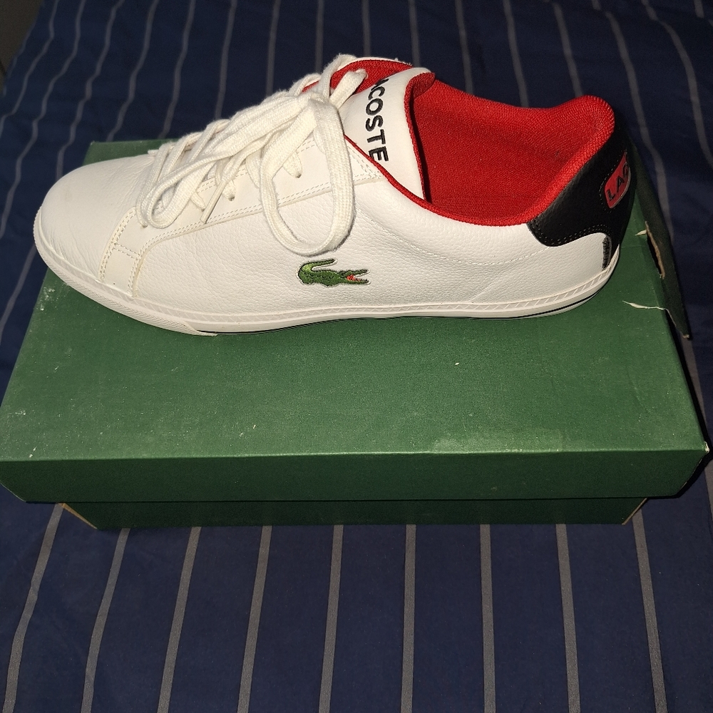 Lacoste Sneakers, Size 10, White, Black, and Green.